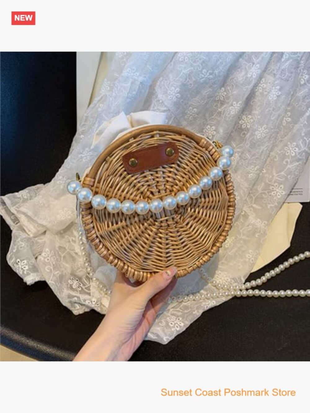 Round Rattan Bag Hand-woven Wicker Basket Purse Boho Crossbody With Pearl Strap - Picture 2 of 7
